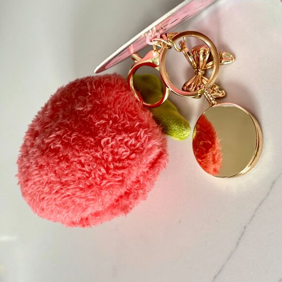 Plush Cherry Bag Charm Soft w Gold Tone Baubles, Disc w Flower cutout & Bow NWT - Picture 2 of 5